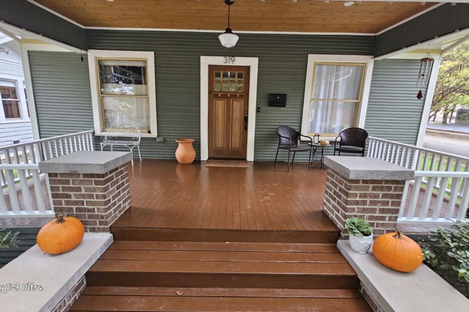 Stain deck and painted rails