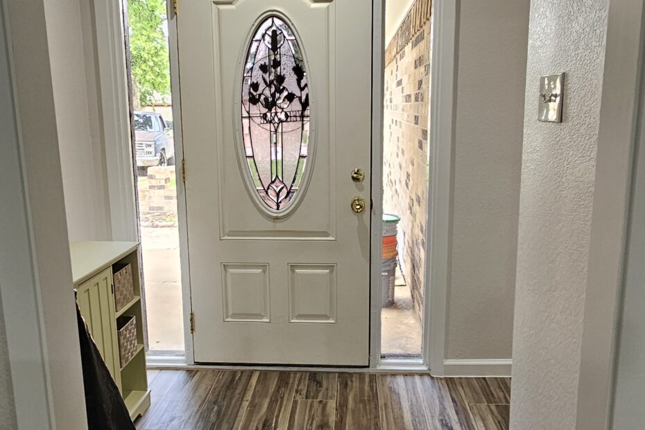 New Celling Floors Remove panels Retape and texture, Paint walls , Trim Hallway Install new French door New LED lights